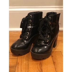 Faux Patent Leather Lace Up Booties Lugged Sole